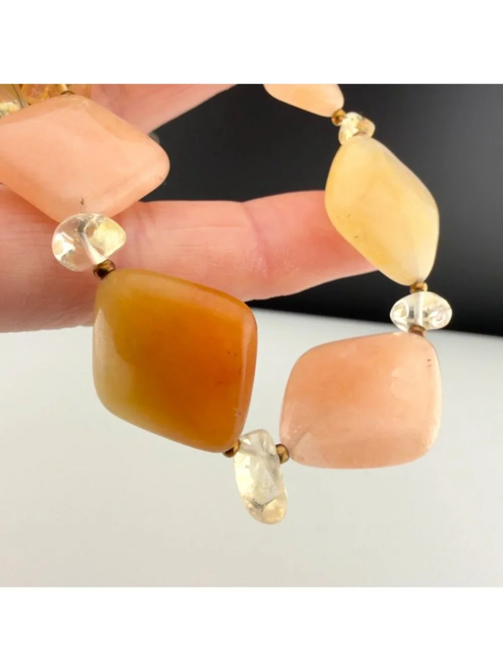 Natural Stone Beaded Necklace Double Strand Yellow Peach Sterling Silver Clasp